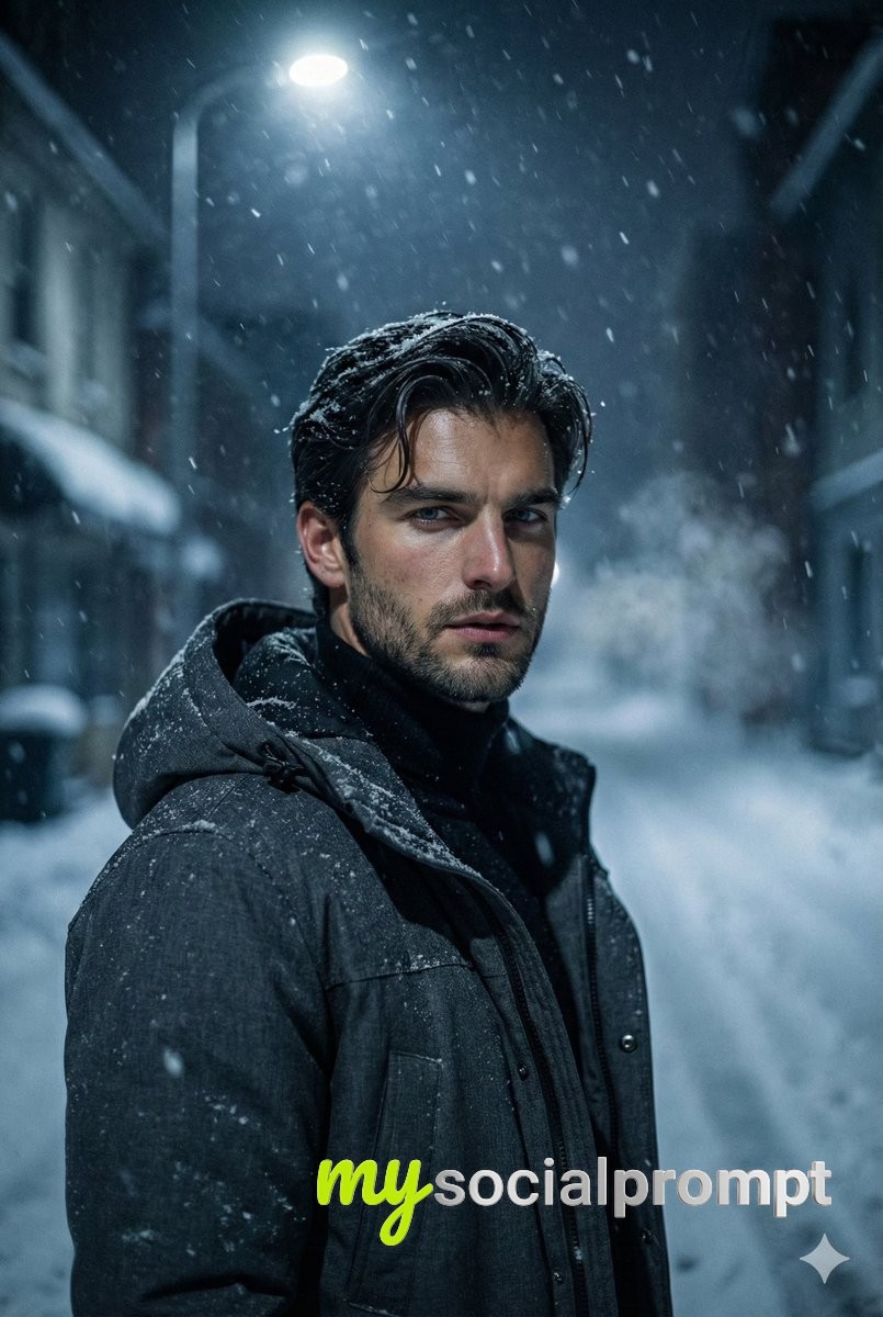 nanobanana prompt: Cinematic Winter Noir Portrait with Hyper-realistic Snowfall