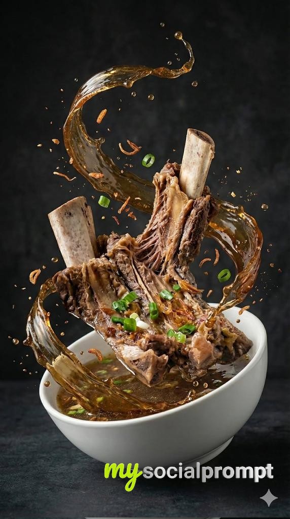 nanobanana prompt: Dynamic Splash Food Photography: Spicy Meat Soup in Mid-Air 3