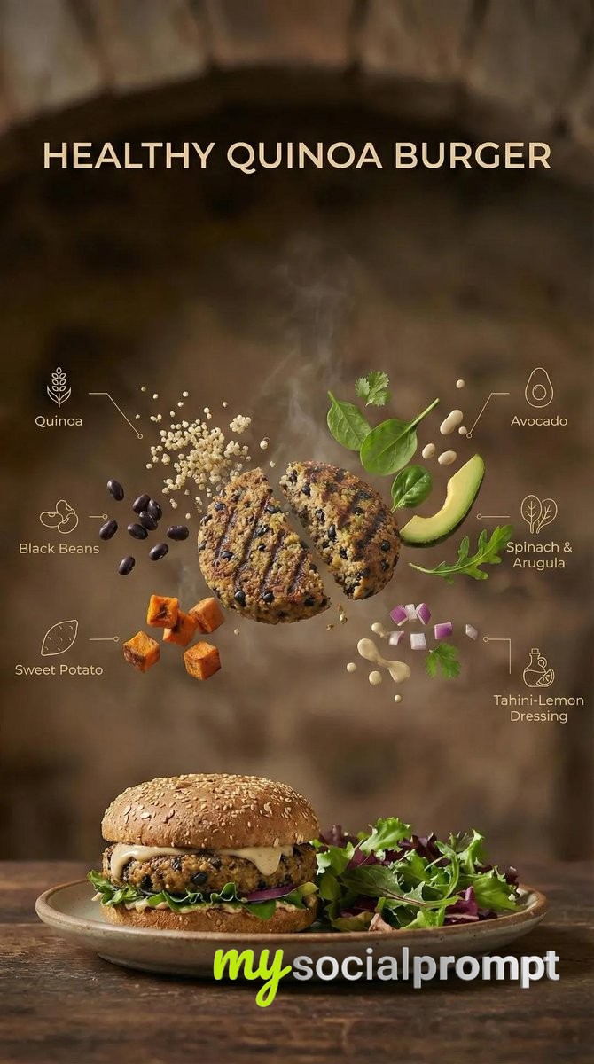 nanobanana prompt: Deconstructed Quinoa Burger in Cinematic Food Photography - AI Prompt Artwork