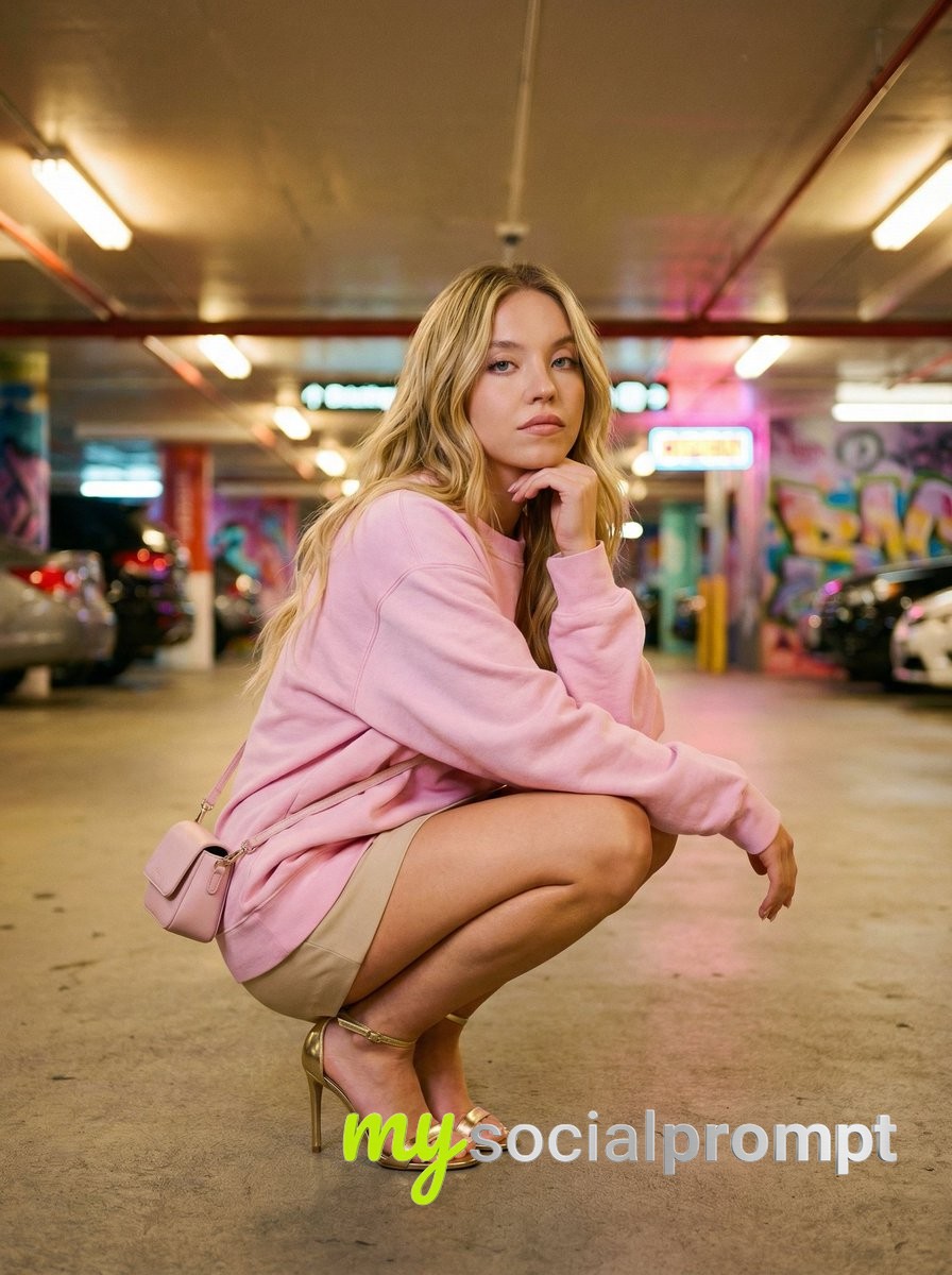 nanobanana prompt: Sydney Sweeney Urban Editorial with Cinematic Lighting