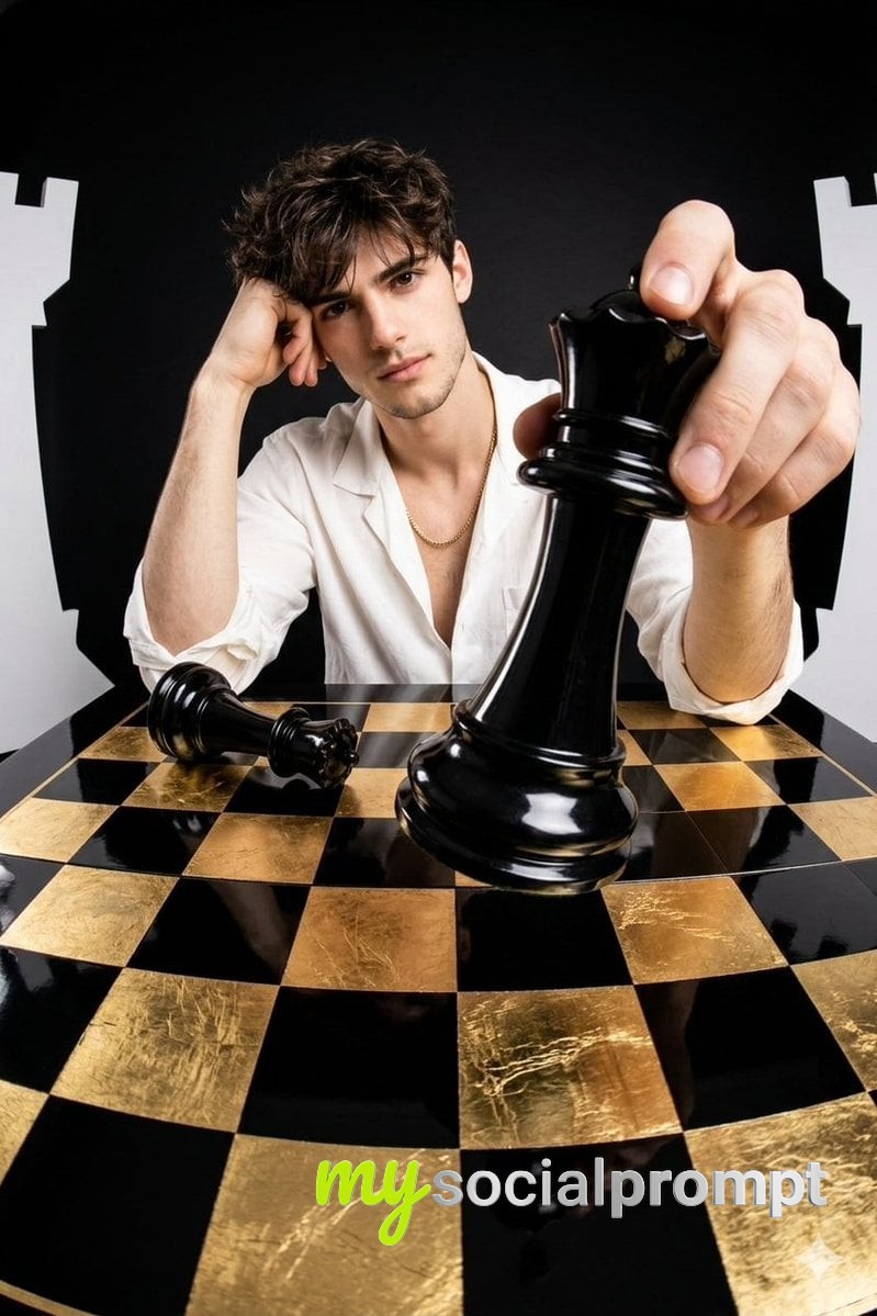 nanobanana prompt: Distorted Perspective Fashion Portrait with Chess Motif