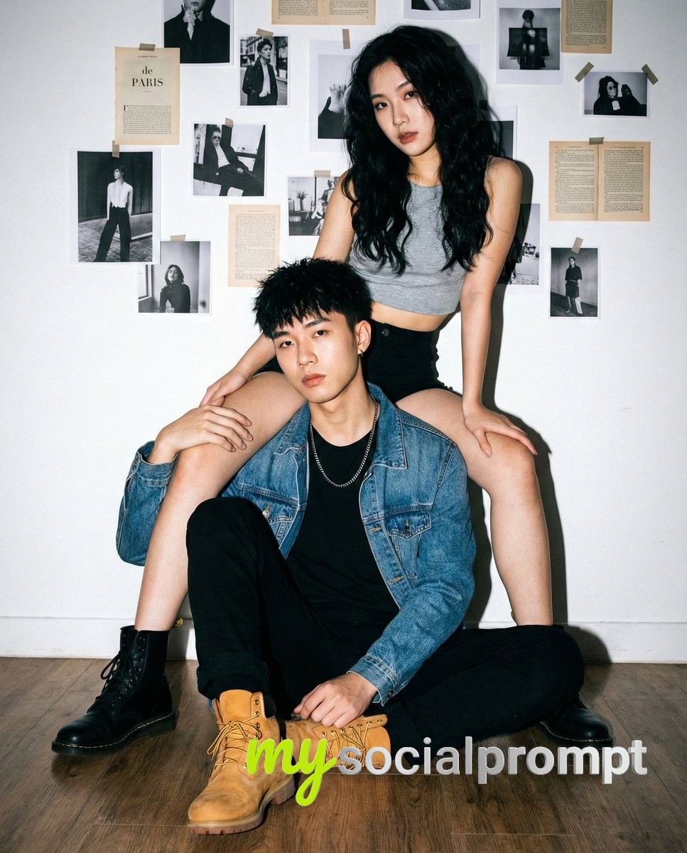 nanobanana prompt: Edgy Fashion Photography with Dynamic Poses and Direct Flash