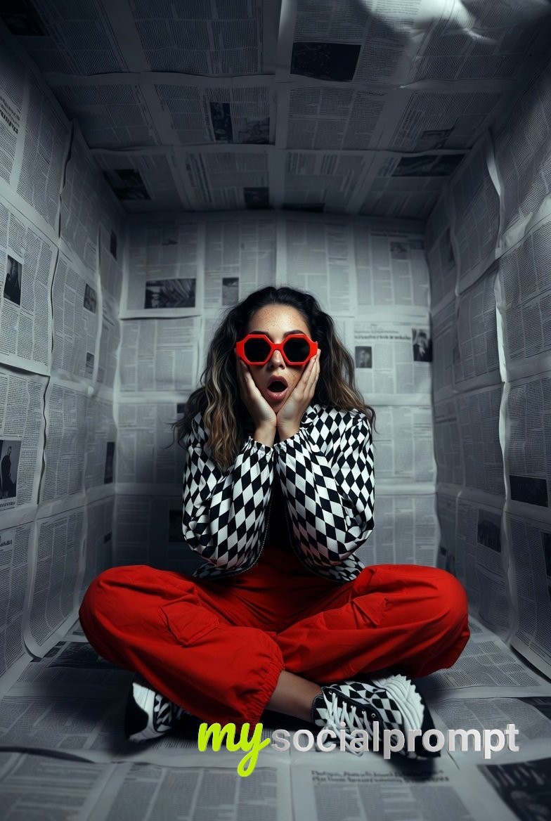 nanobanana prompt: Hyper-Realistic Editorial with Red Accents and Newspaper Room - AI Prompt Image 3