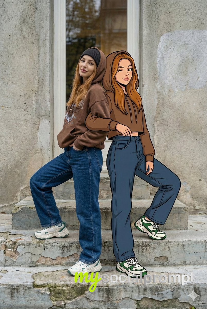 nanobanana prompt: Mixed-Reality Street Portrait with Cartoon Twin & Y2K Style 3