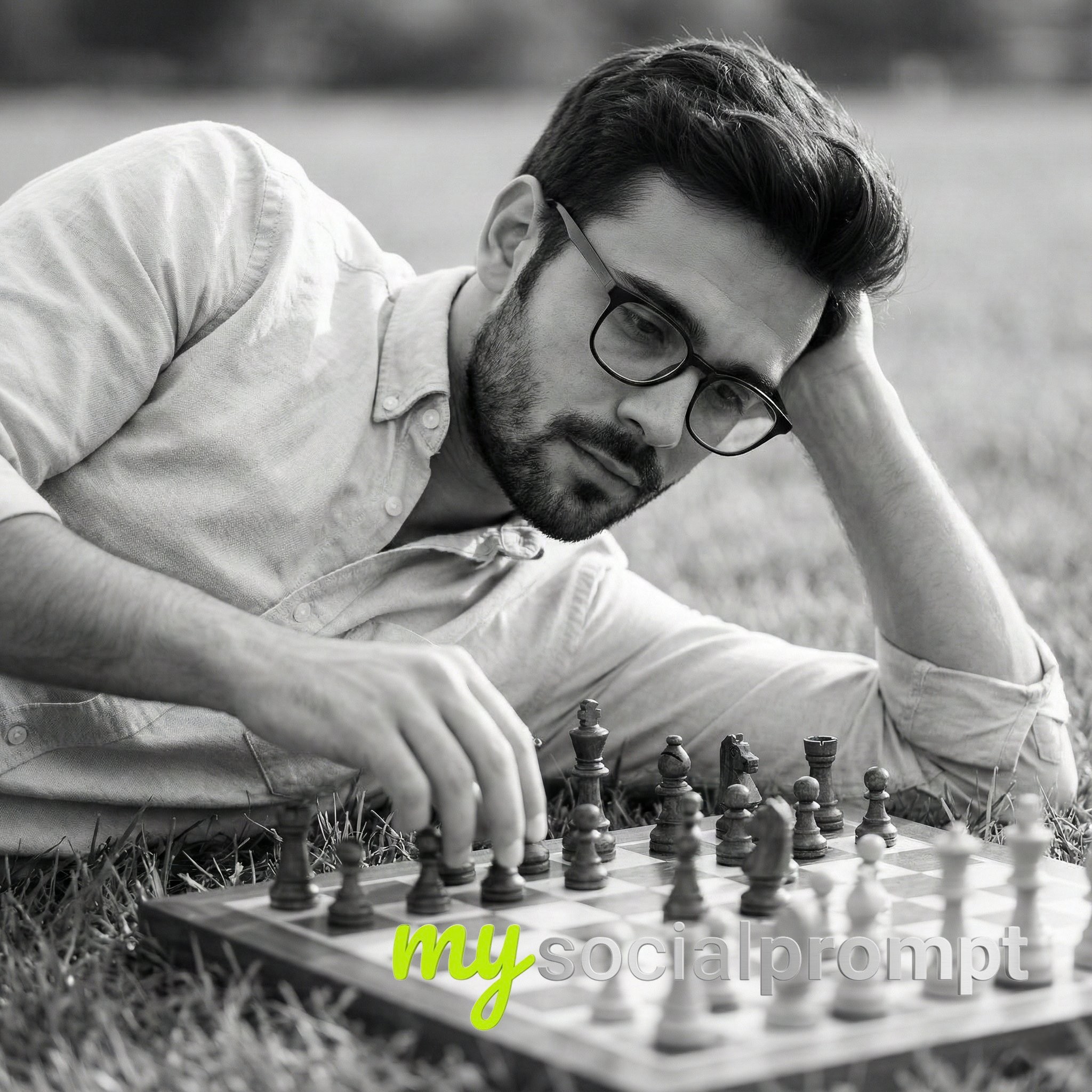 nanobanana prompt: Monochrome Chess Contemplation with Fine Art Documentary Style