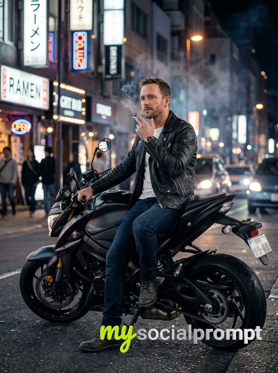 nanobanana prompt: Cinematic Photorealism: Man Smoking on a Matte Black Sportbike at Night