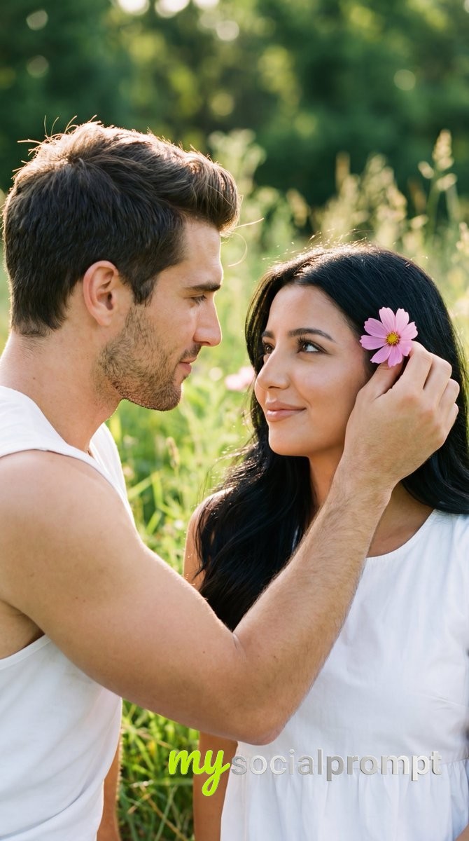 nanobanana prompt: Cinematic Romantic Close-Up with Golden Hour Flower Tuck