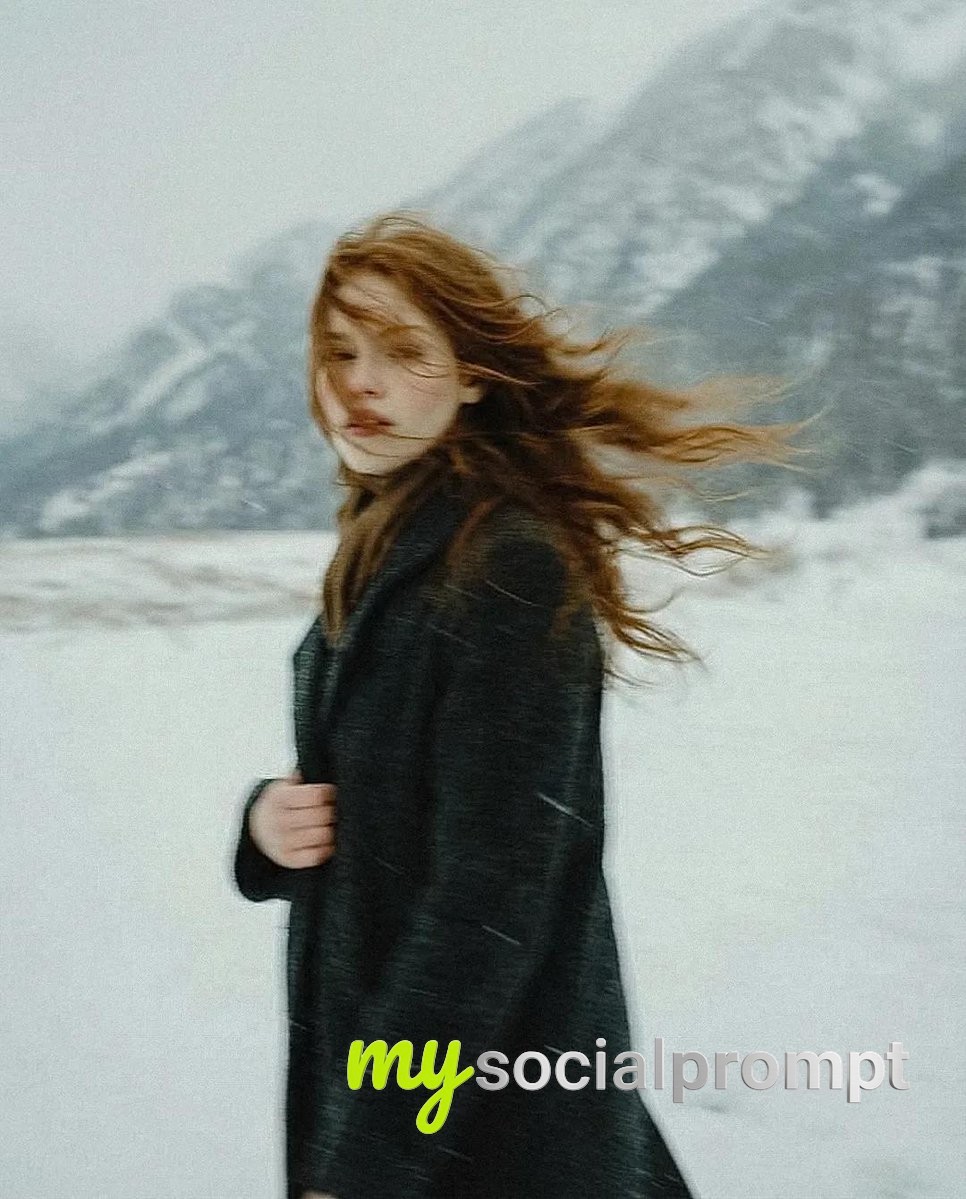 nanobanana prompt: Cinematic winter portrait, melancholic woman in snowy landscape, editorial photography 4