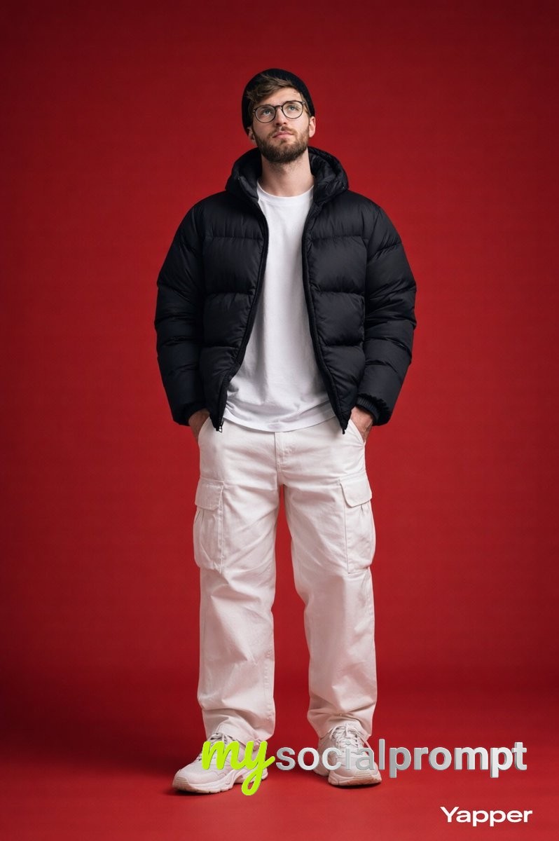nanobanana prompt: Editorial Studio Fashion Portrait: Young Man in Red Background