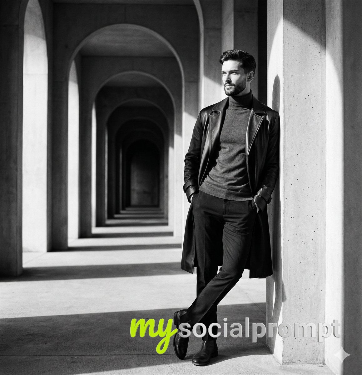 nanobanana prompt: Cinematic Monochromatic Portrait in Brutalist Colonnade