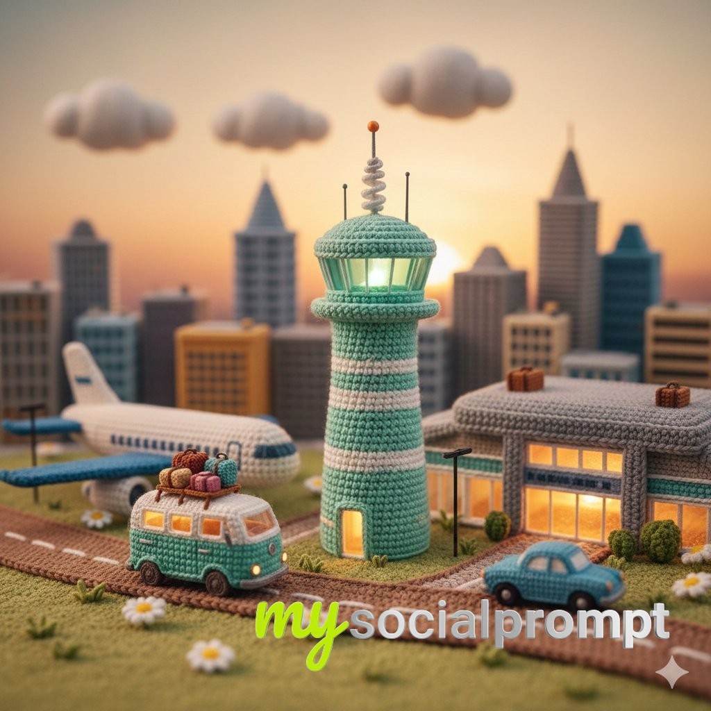 nanobanana prompt: Crochet Diorama with Airport Scene in Whimsical Miniature Style - AI Prompt Artwork