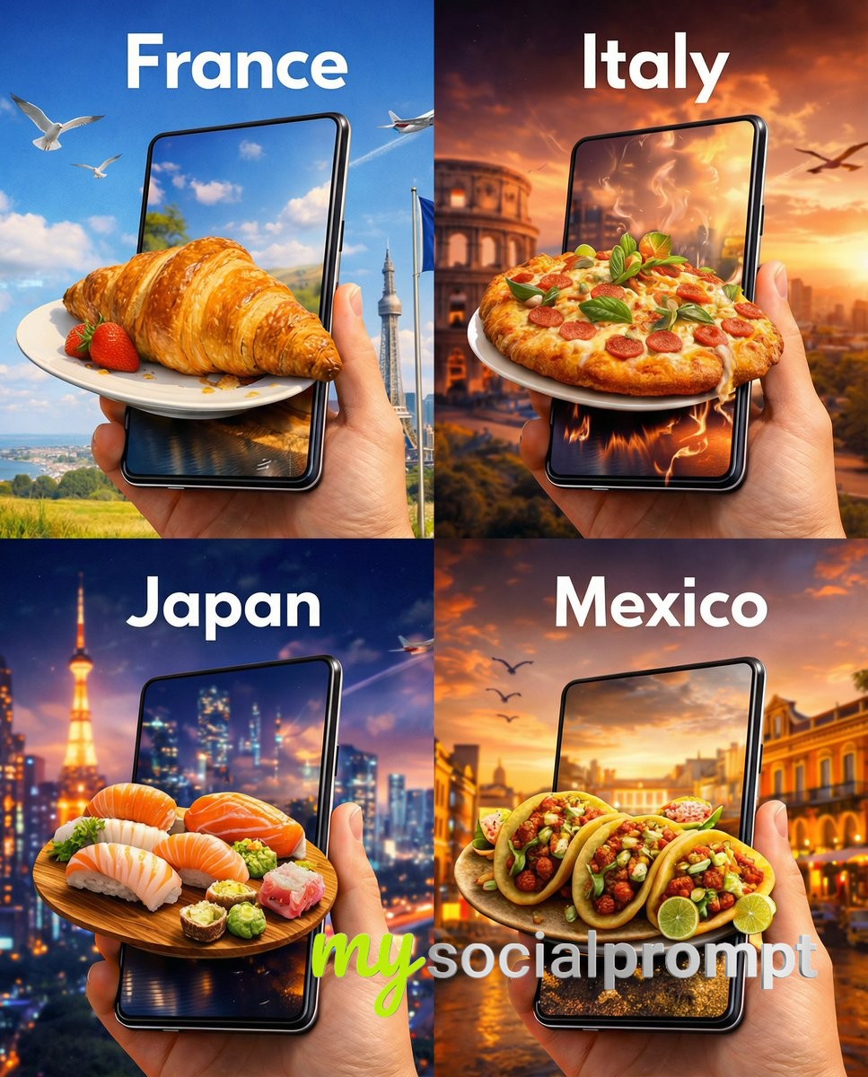 nanobanana prompt: Hyper-realistic Tourism Collage with 3D Portal Food Effects