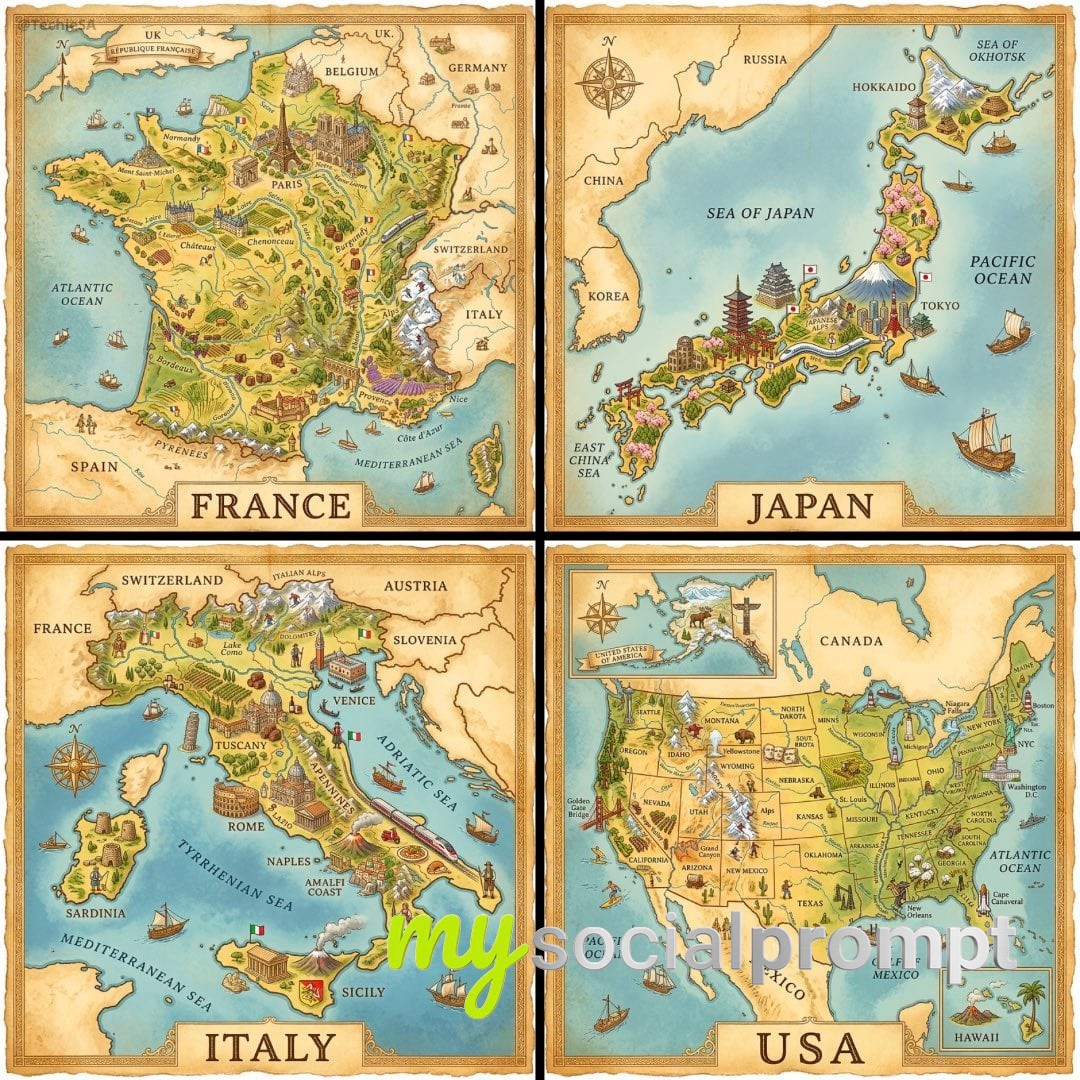 nanobanana prompt: Isometric Vintage Map Illustration of Country with Landmarks
