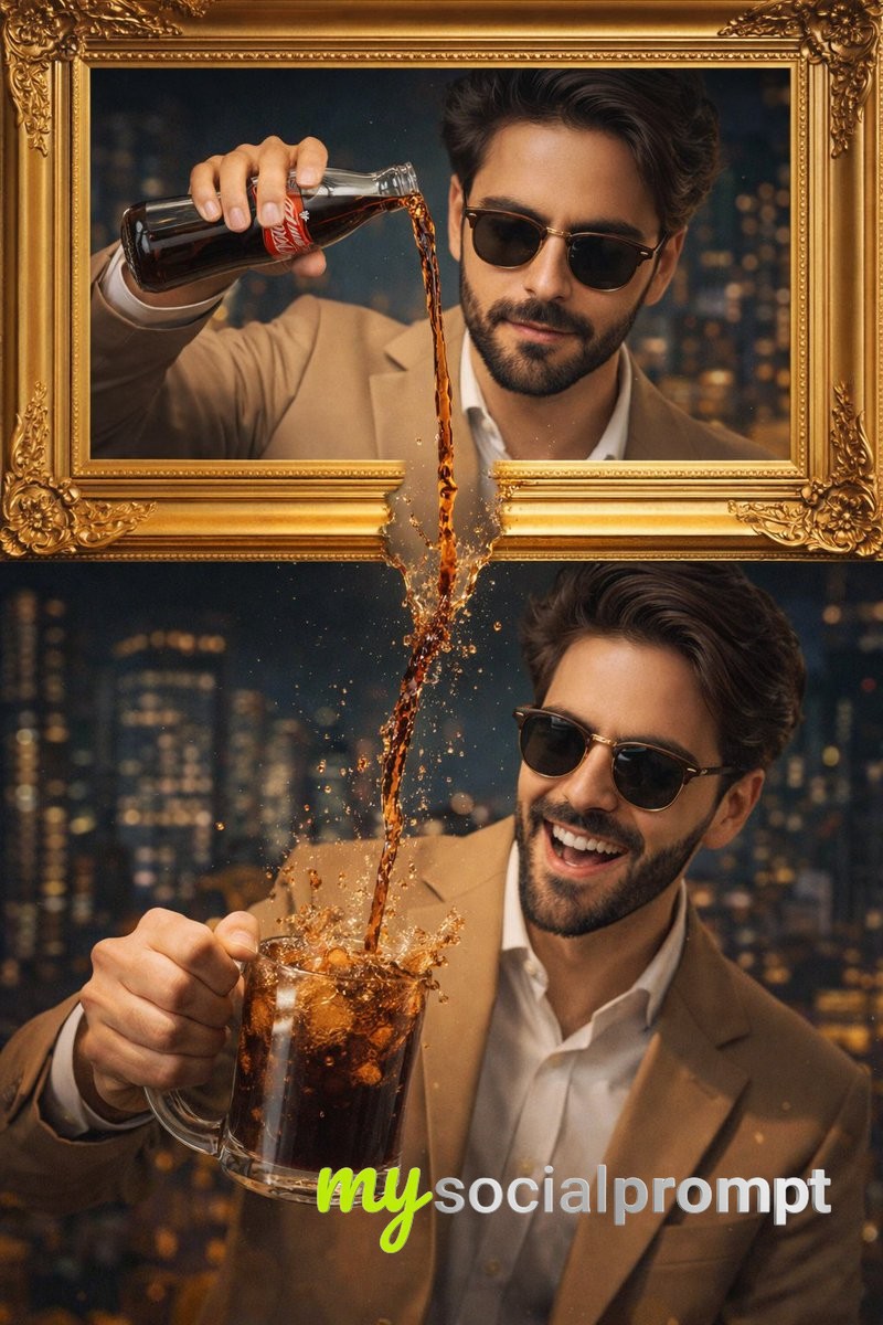 nanobanana prompt: Split-Frame Cinematic Ad with Dynamic Liquid Motion