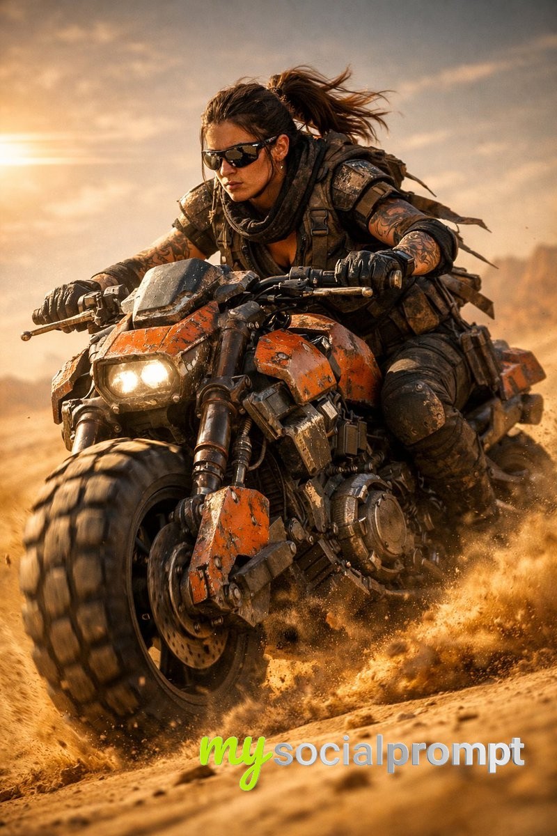 nanobanana prompt: Cinematic Sci-Fi Biker in Desert with Dramatic Lighting