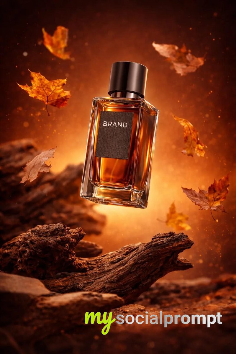 nanobanana prompt: Ultra-Realistic Perfume Shot with Cinematic Lighting & Autumn Motifs