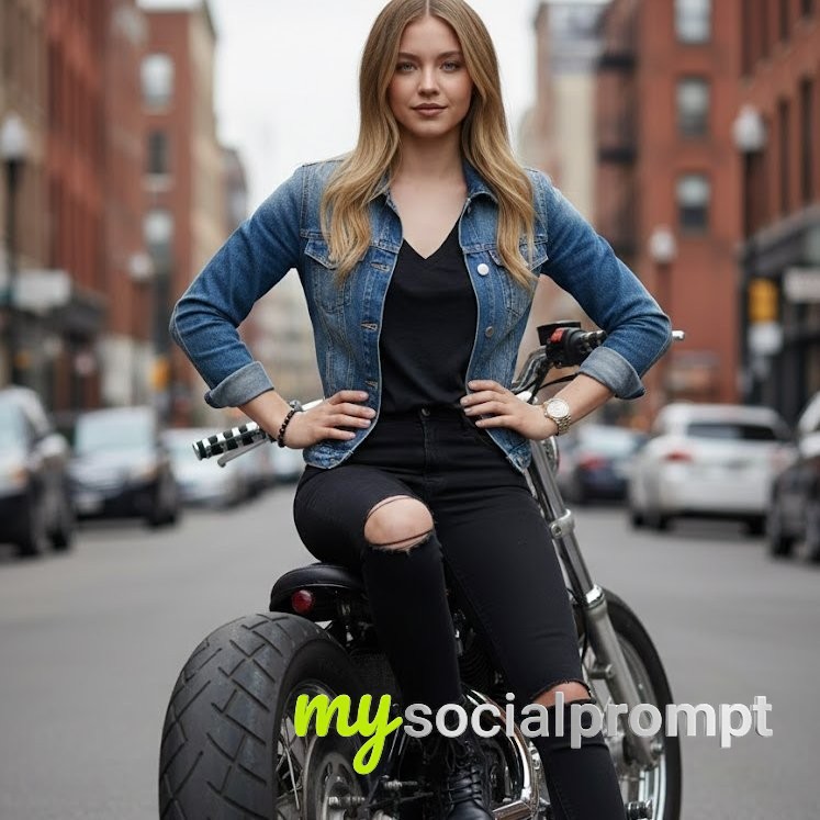 nanobanana prompt: Biker-Chic Portrait with Cinematic Lighting & Urban Atmosphere