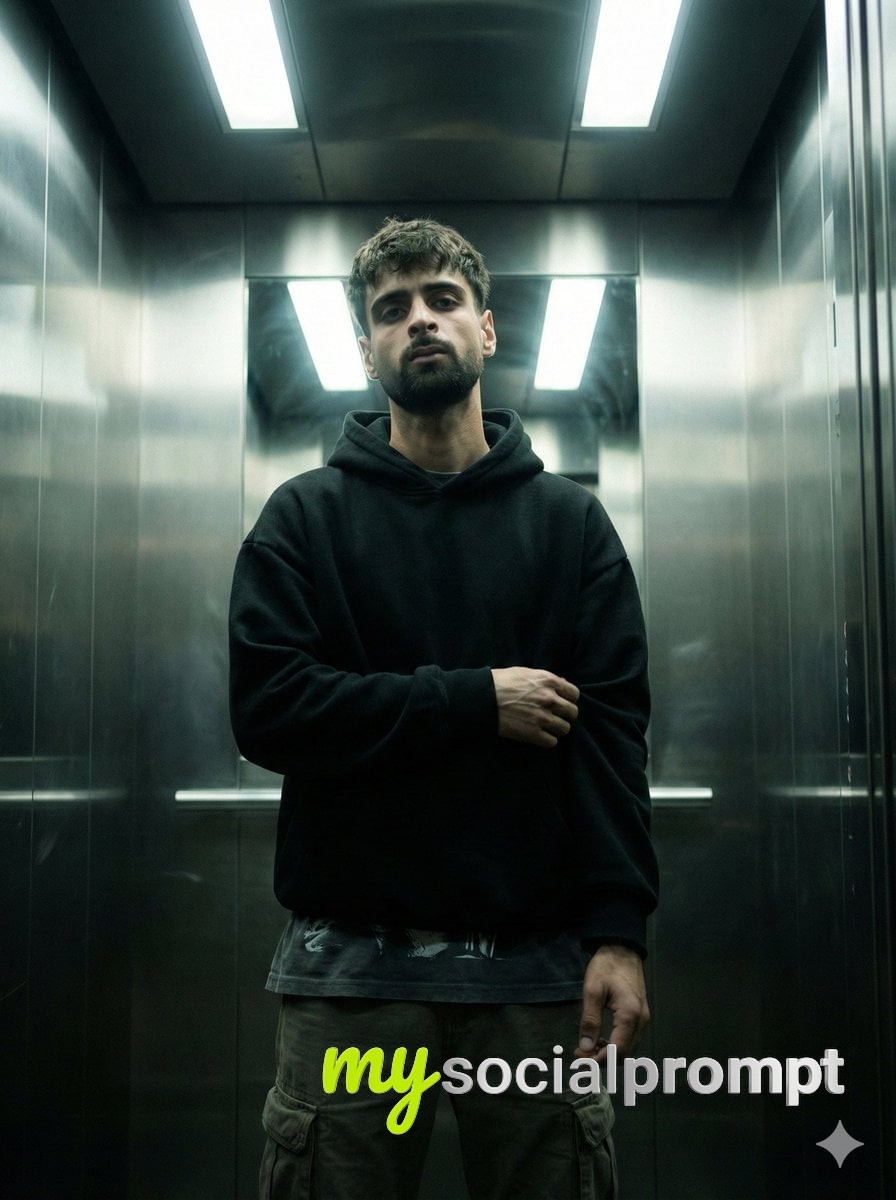 nanobanana prompt: Cinematic Urban Realism: Intense Portrait in Industrial Elevator with Harsh Fluorescent Lighting
