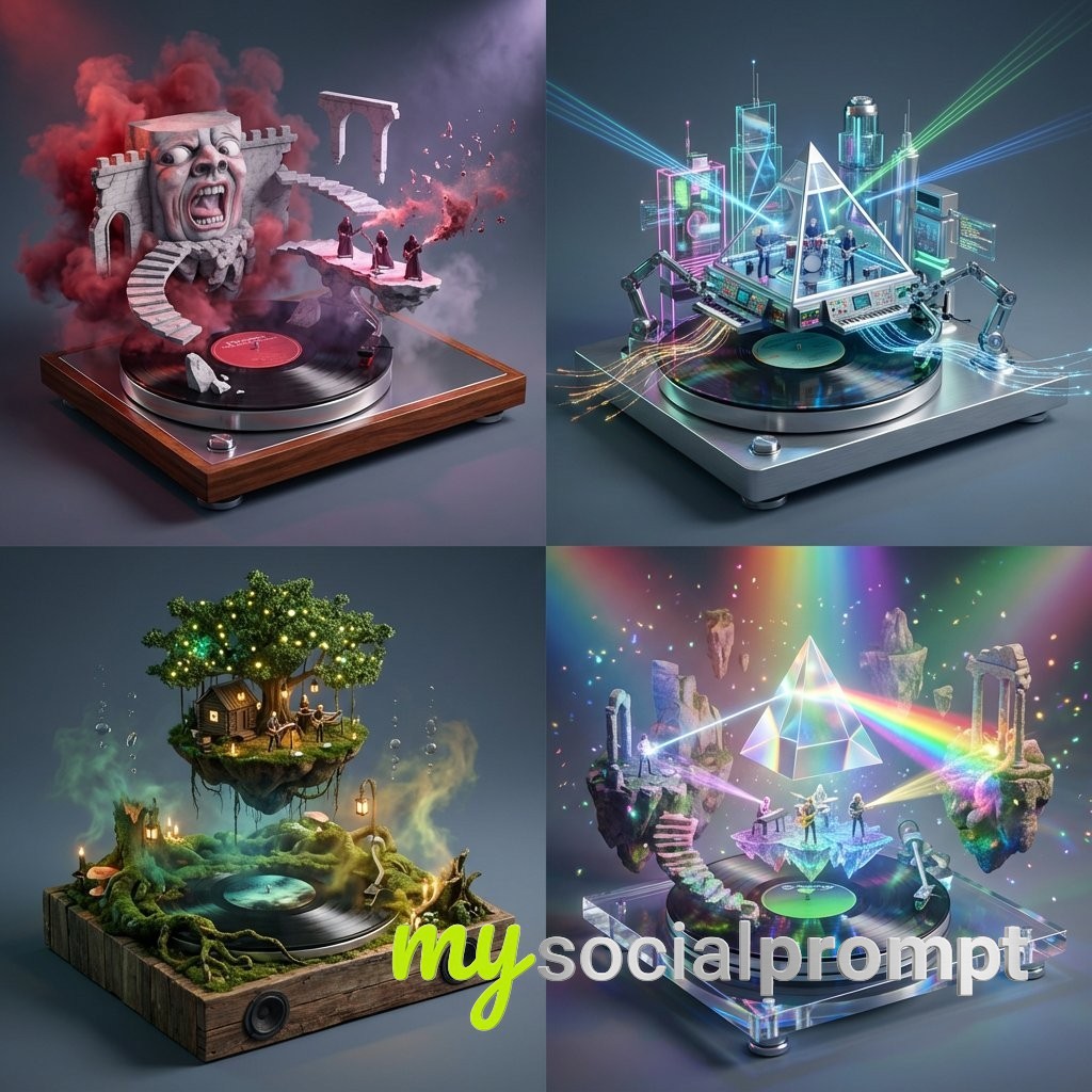 nanobanana prompt: Audio-Visual Dioramas for Progressive Rock Bands