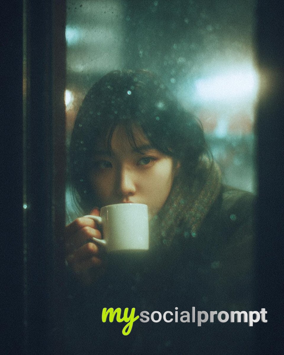 nanobanana prompt: Cinematic Noir Portrait in Rainy Café Scene