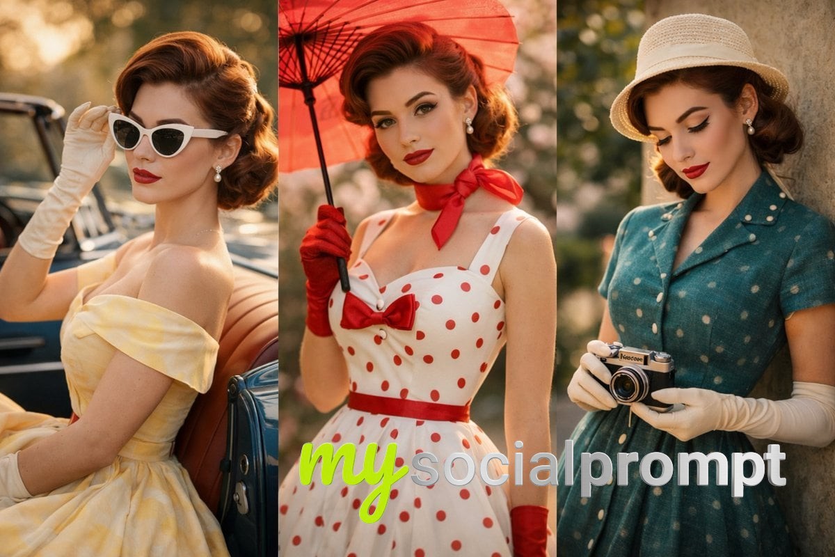 nanobanana prompt: Vintage Fashion Portrait: 1950s Elegance with Classic Convertible in Cinematic Light