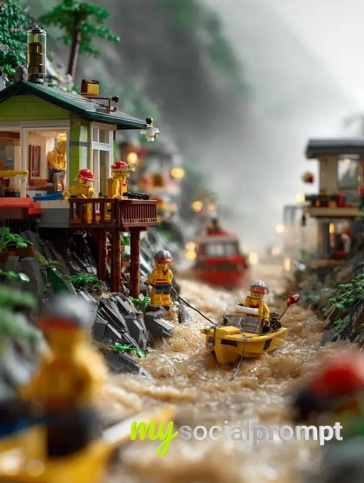 nanobanana prompt: LEGO Flood Rescue Scene with Cinematic Lighting & Disaster Realism