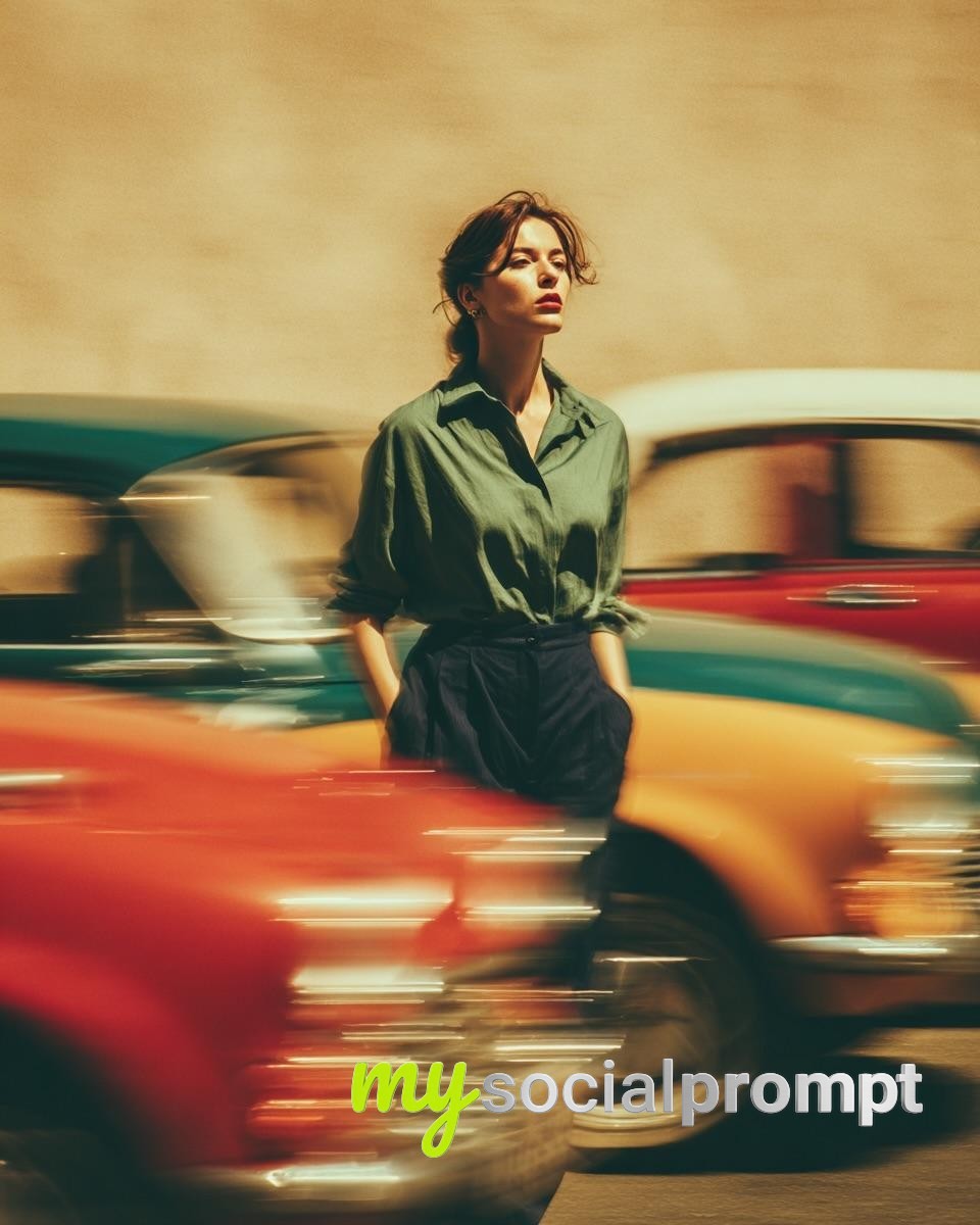 nanobanana prompt: Cinematic Street Portrait with Motion Blur and Retro 70s Tone