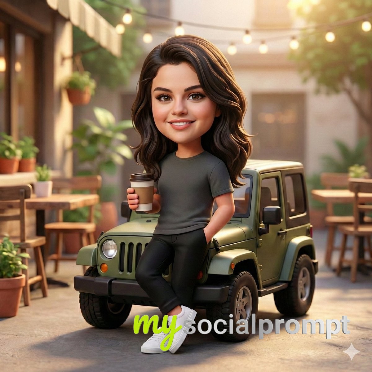 nanobanana prompt: Chibi Character in Cozy Café Courtyard with Cinematic Lighting 2