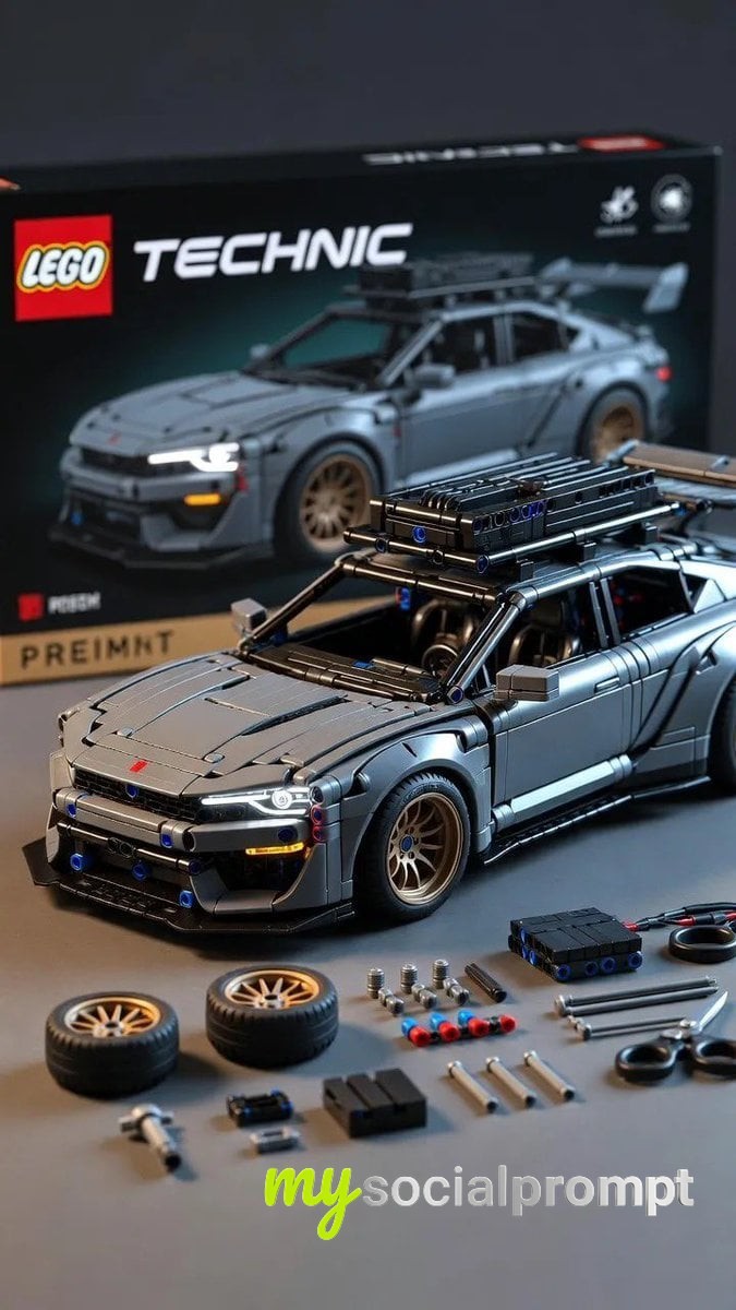 nanobanana prompt: Ultra-Detailed LEGO Technic Studio Product Render of a Widebody Sports Vehicle