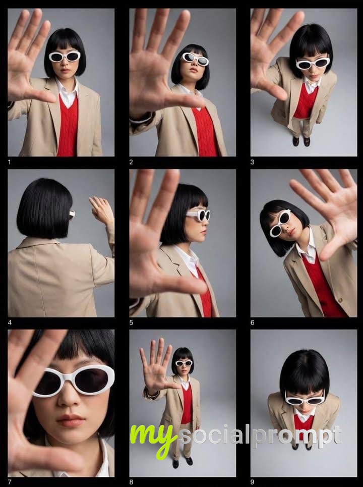 nanobanana prompt: Editorial Fashion Grid with Perspective Distortion & Minimalist Styling