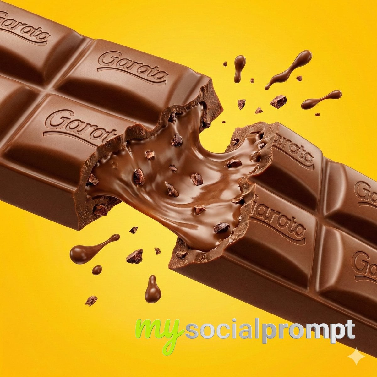 nanobanana prompt: Ultra-Realistic Garoto Chocolate Bar – Broken with Melted Cocoa, Vibrant Studio Commercial Shot 2
