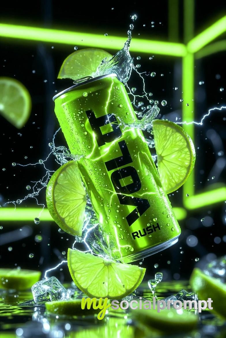 nanobanana prompt: Ultra-Cinematic Product Photography – Neon-Green Energy Drink with Citrus Splash and Electric Sparks 2