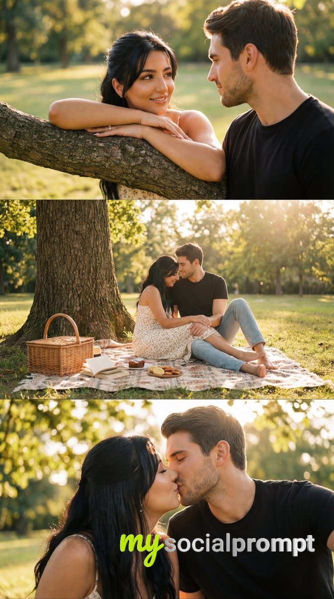 nanobanana prompt: Cinematic Golden Hour Romance with Three-Frame Storyboard Composition