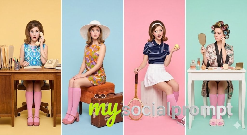 nanobanana prompt: Retro Studio Portraits: Symmetrical Split Panels with Pastel Color Blocking