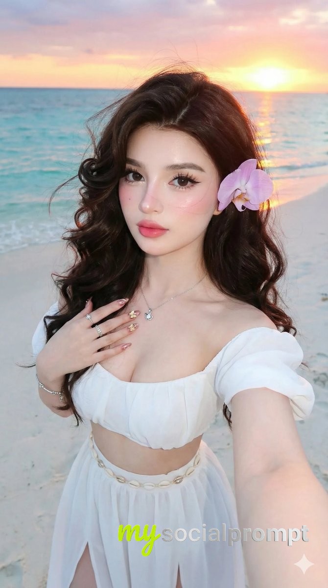 nanobanana prompt: Golden Hour Beach Goddess with Korean Glamour Aesthetics