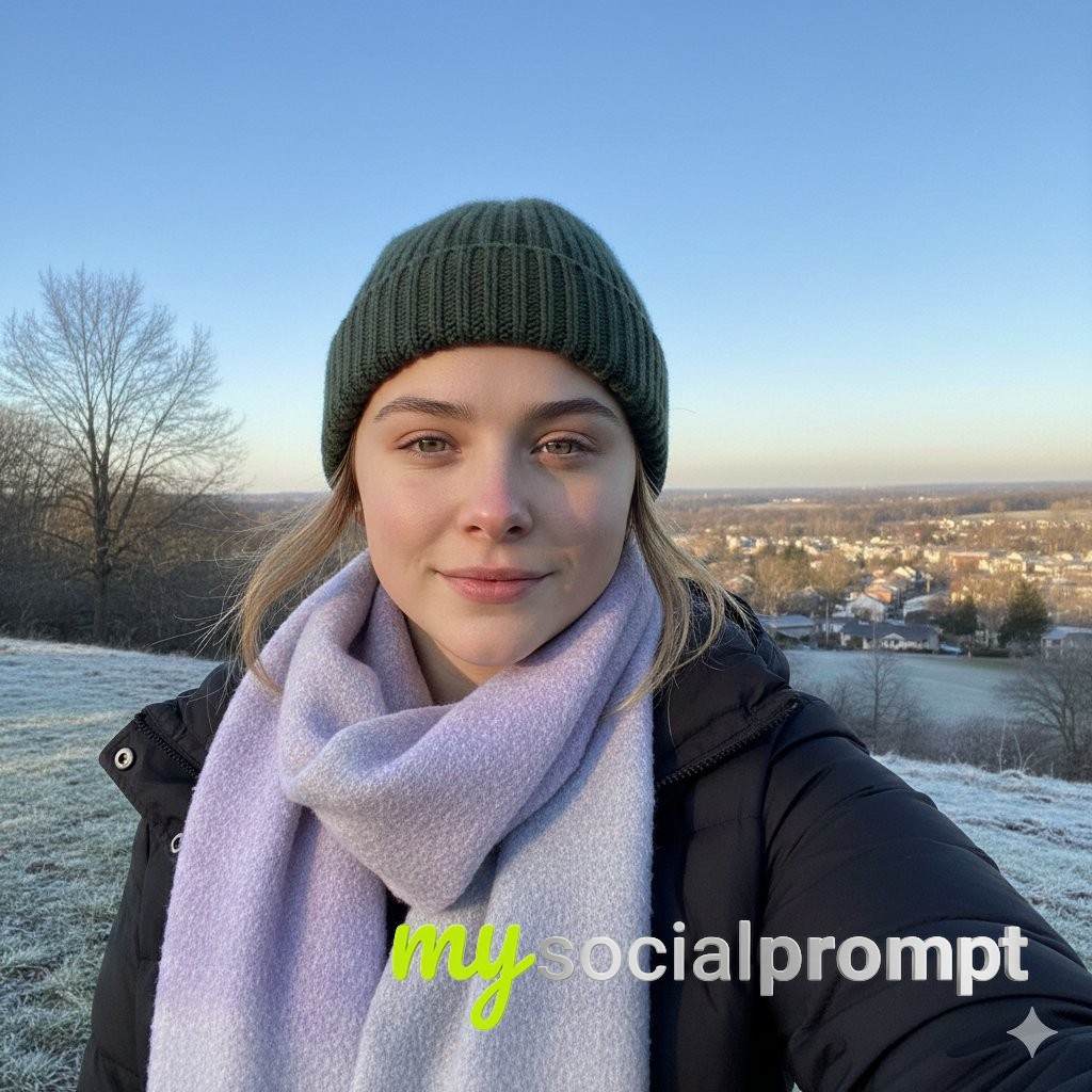 nanobanana prompt: Cinematic Winter Selfie with Natural Lighting and Textured Knitwear