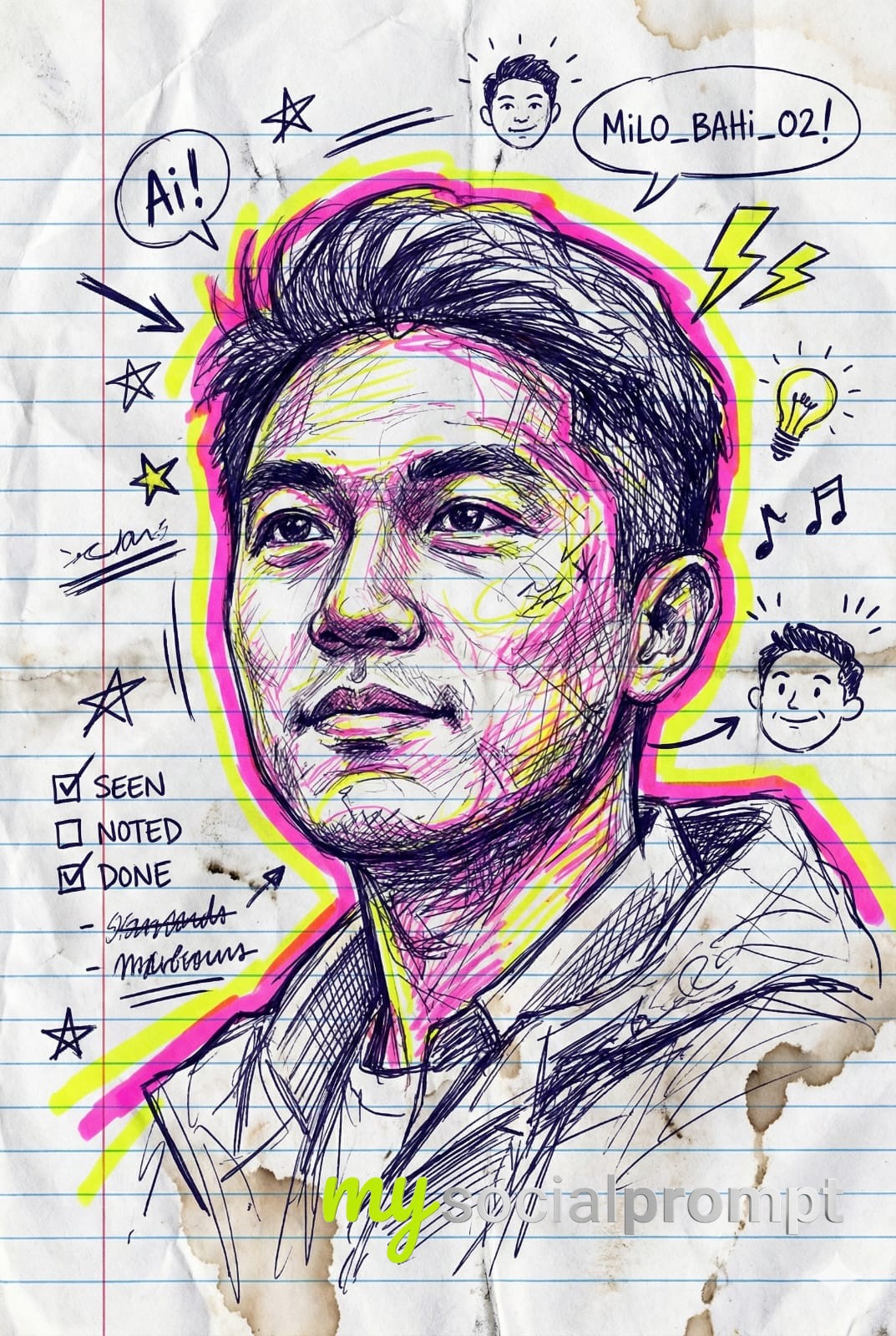 nanobanana prompt: Chaotic Doodle Portrait with Neon Markers & Comic Annotations