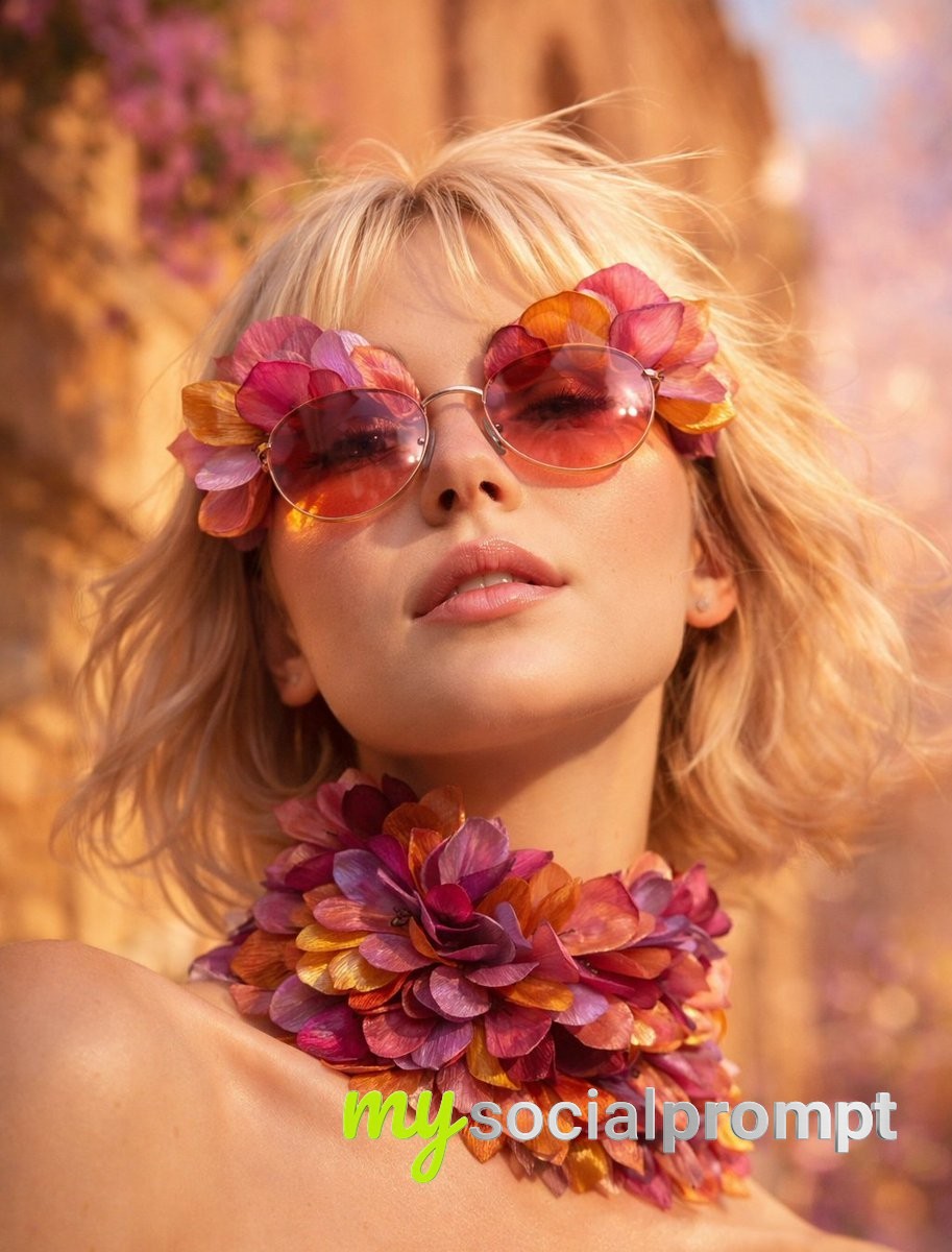 nanobanana prompt: High-Fashion Editorial with Floral Sunglasses & Cinematic Lighting