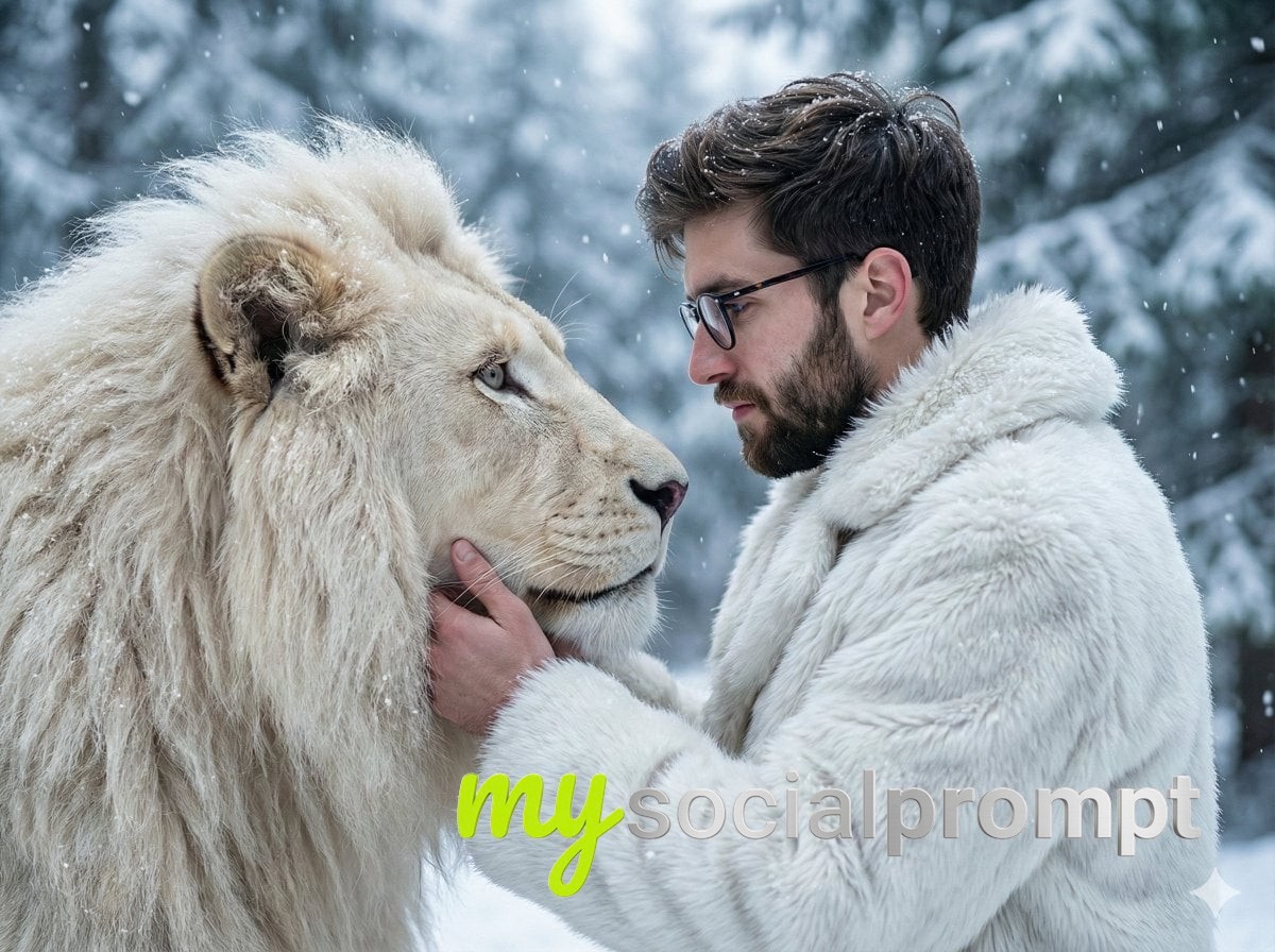 nanobanana prompt: Cinematic Hyper-Realistic Portrait: Man and White Lion in Snowy Forest – Trust, Power & Calm Dominance 2