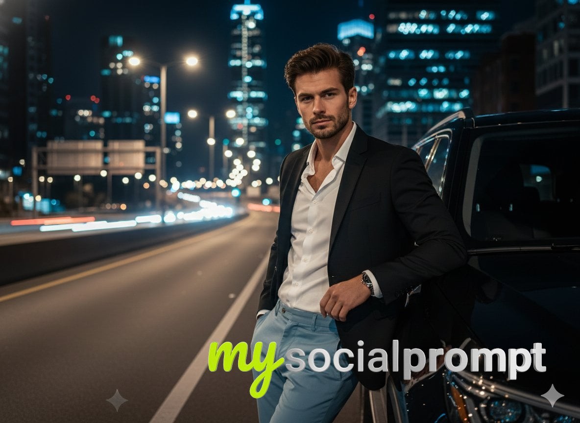 nanobanana prompt: Cinematic urban portrait of confident man leaning on black luxury SUV at night