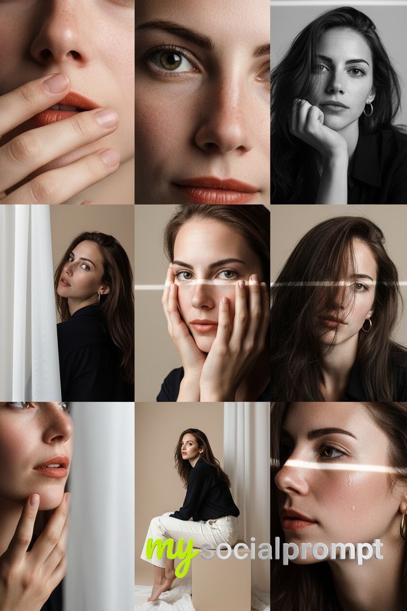nanobanana prompt: Editorial Portrait Grid with Cinematic Lighting & Textural Details