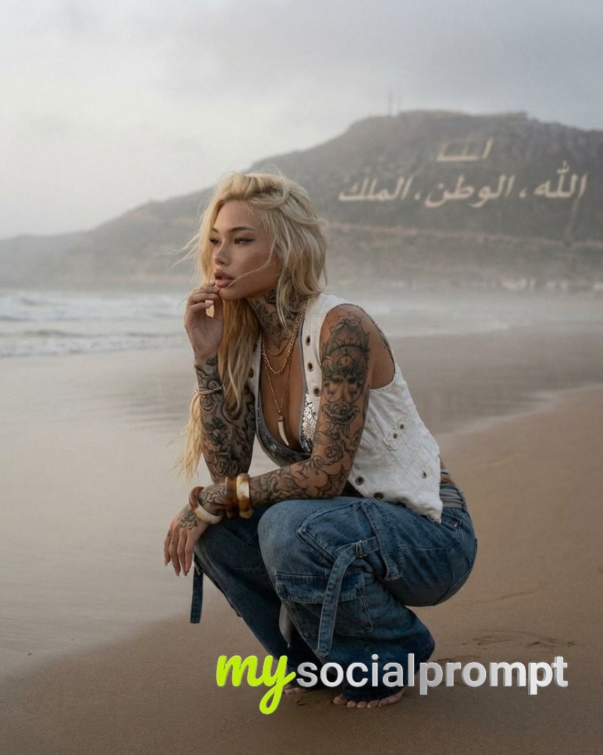 nanobanana prompt: Cinematic Fashion Portrait – Tattooed Blonde on Misty Beach 2