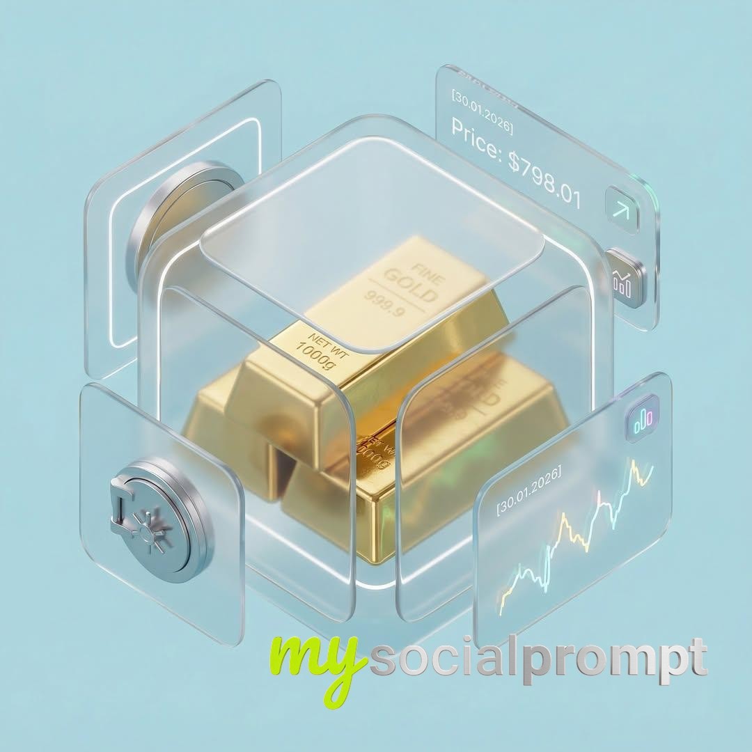 nanobanana prompt: Isometric Glassmorphism Composition with Hyper-realistic Gold