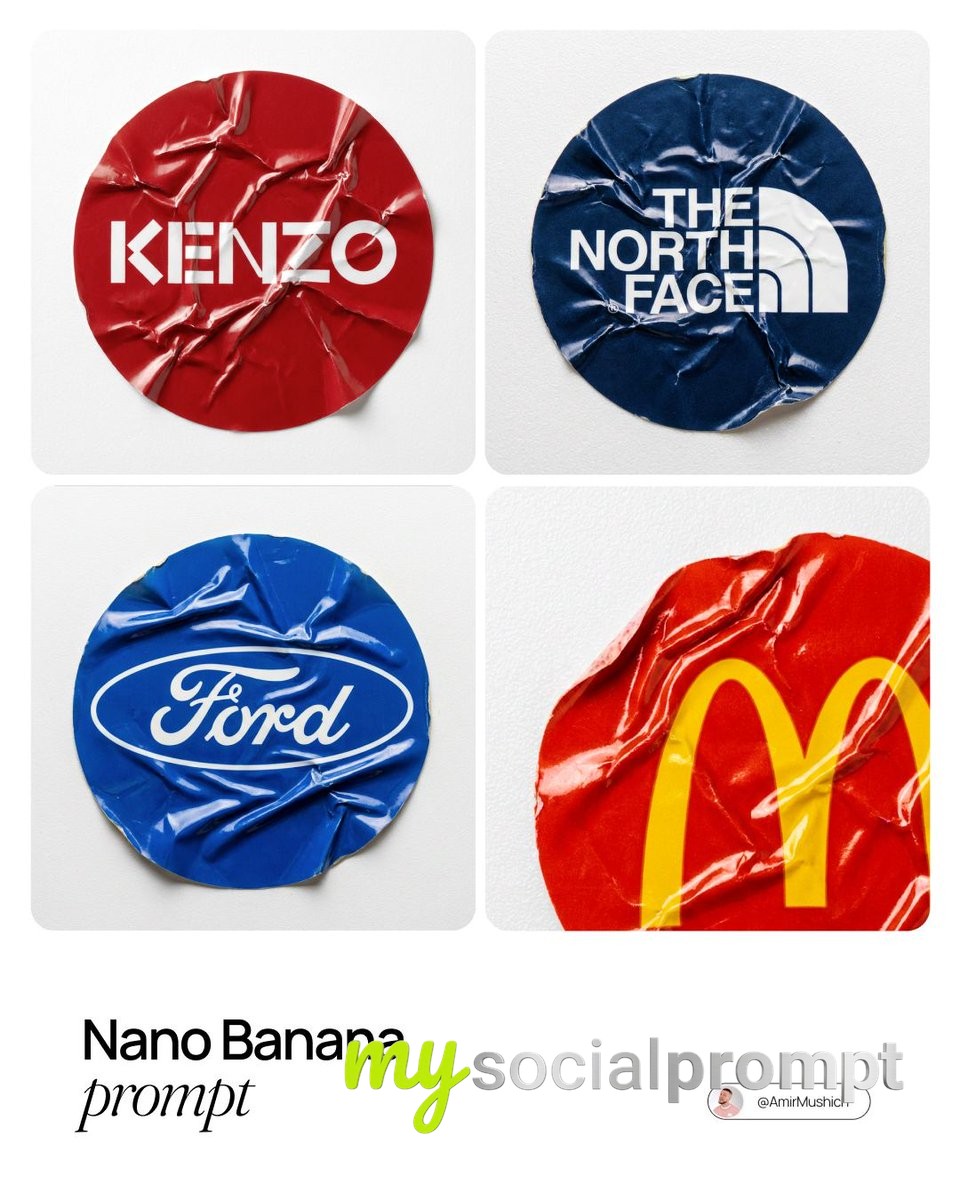 nanobanana prompt: Macro Top-Down View of Crumpled Vinyl Sticker with Brand Logo