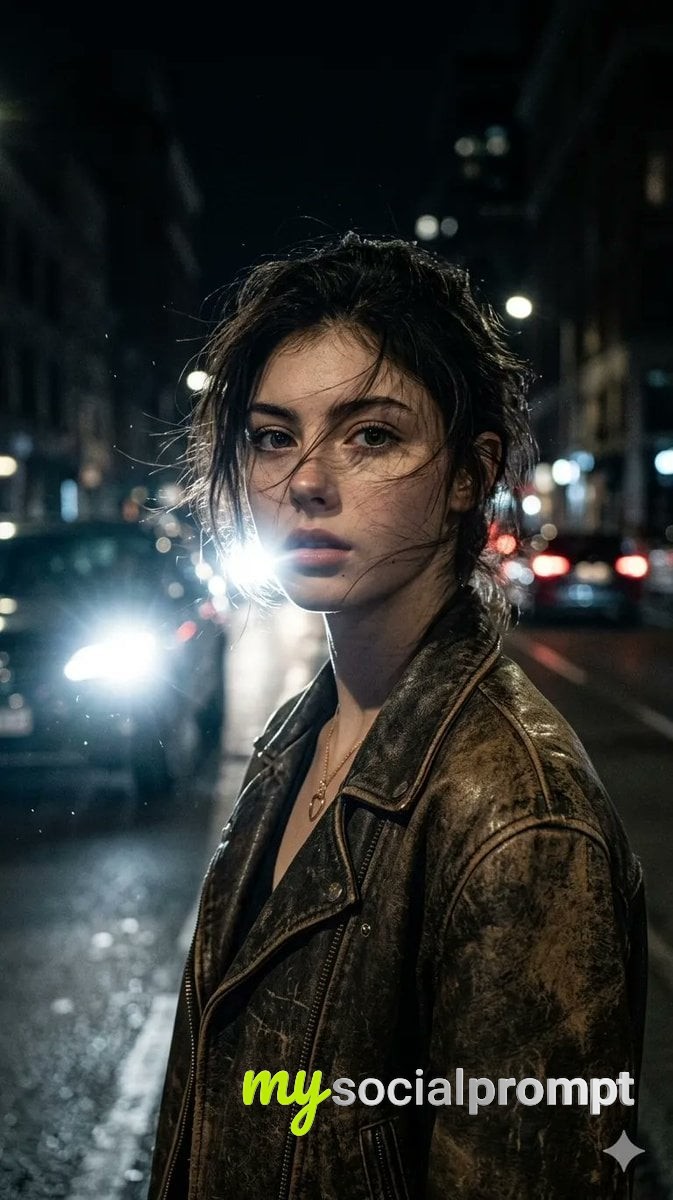 nanobanana prompt: Cinematic Portrait of Woman in Worn Leather Jacket with Sweeping Car Light