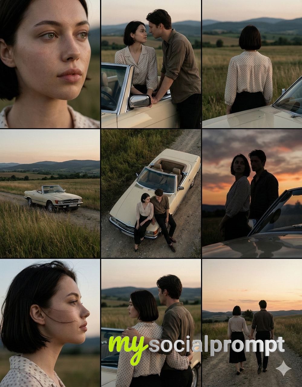 nanobanana prompt: Cinematic 3×3 Film Stills of Couple at Dusk in Countryside