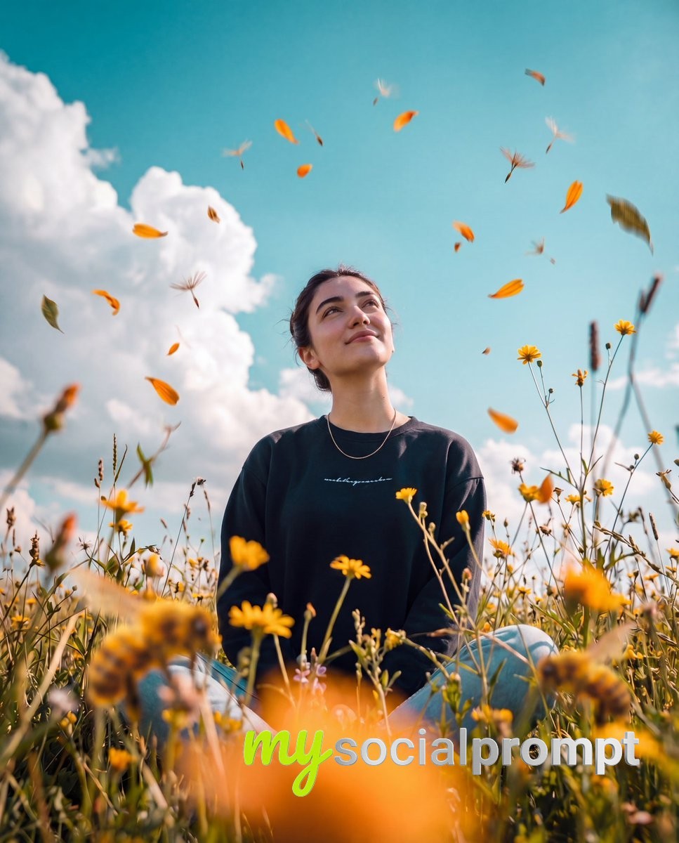 nanobanana prompt: Worm's-Eye Cinematic Portrait with Floating Petals and Wide-Angle Lens 2