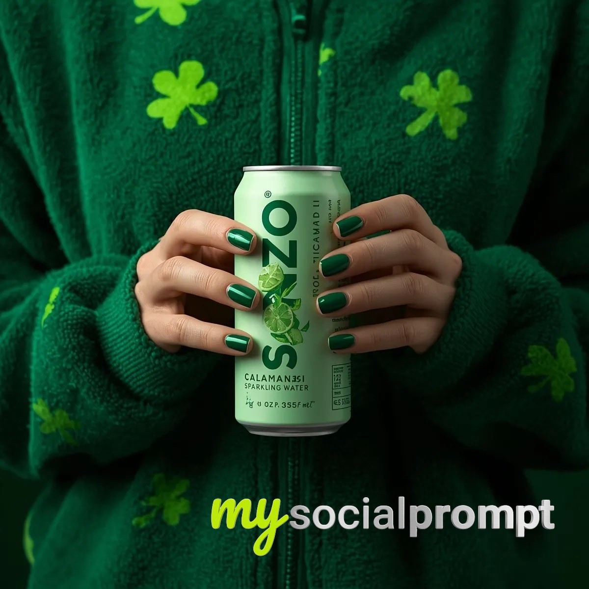 nanobanana prompt: Monochromatic Green Product Shot: Sanzo Calamansi Sparkling Water 3