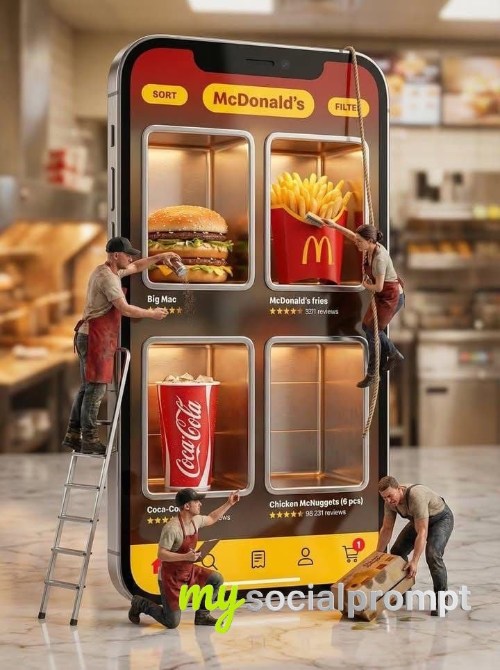 nanobanana prompt: Surreal McDonald’s App Ad – Cinematic Scale Contrast & Hyper-Real Food