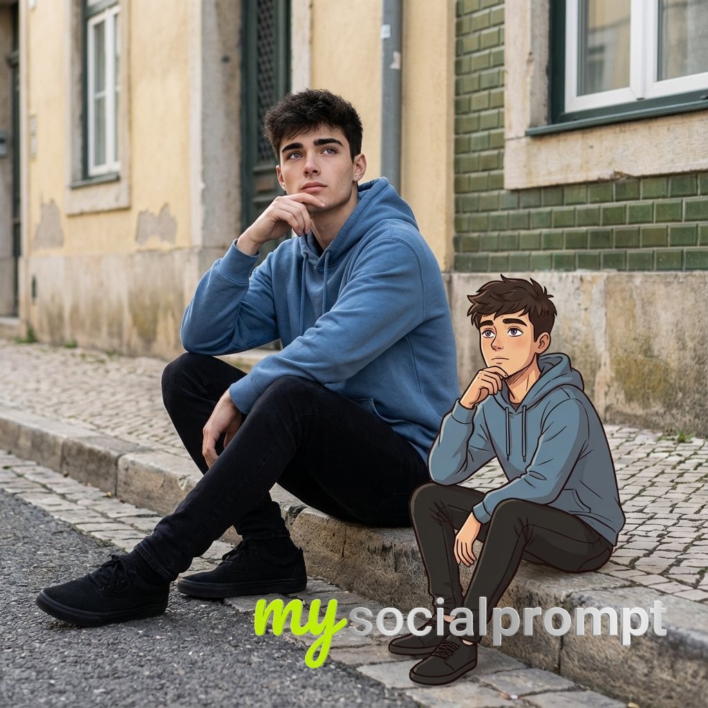 nanobanana prompt: Urban Street Portrait with Cartoon Self – Real vs Illustration Duo